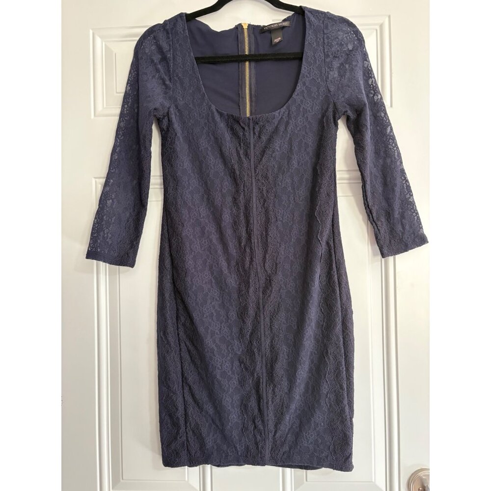 VICTORIAS SECRET NAVY BLUE LACE BODYCON DRESS FULL ZIP BACK WOMENS SIZE S SHEER